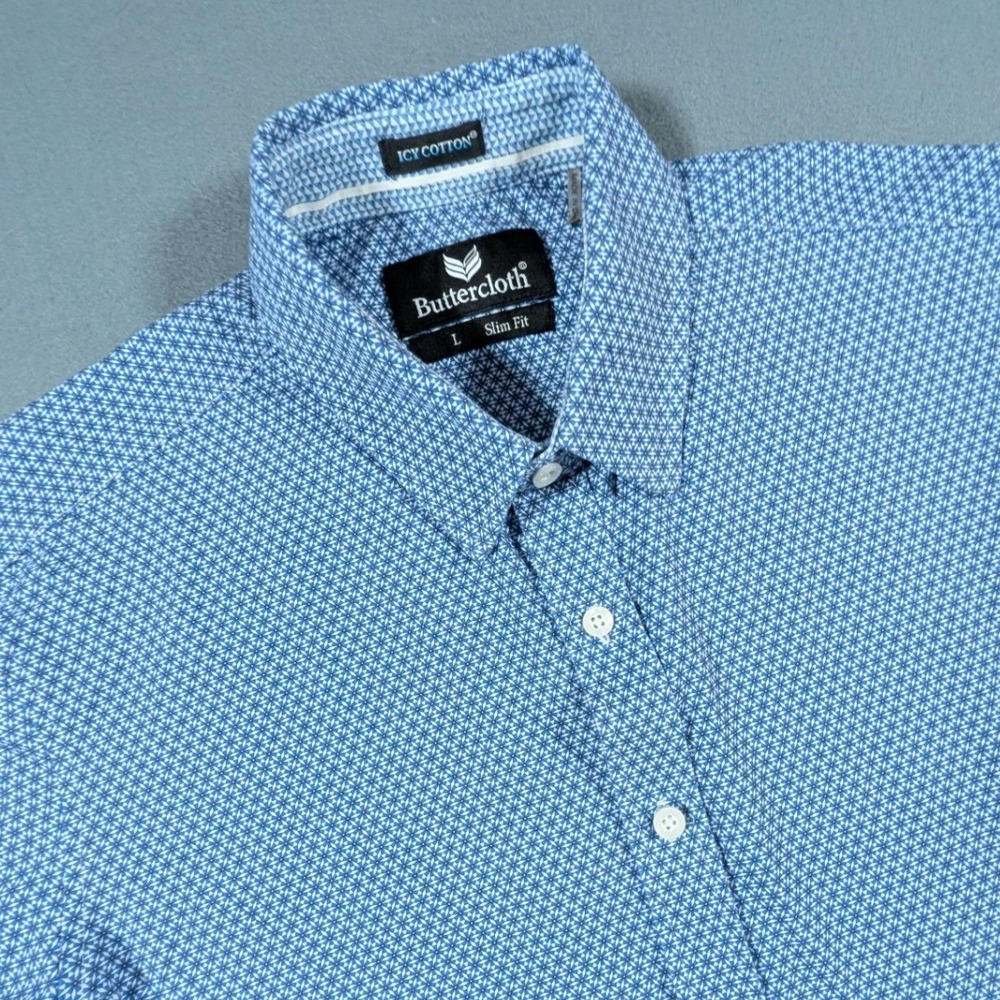 Buttercloth Button Down Shirt Mens Large Slim Fit Blue Icy Cotton Short Sleeve